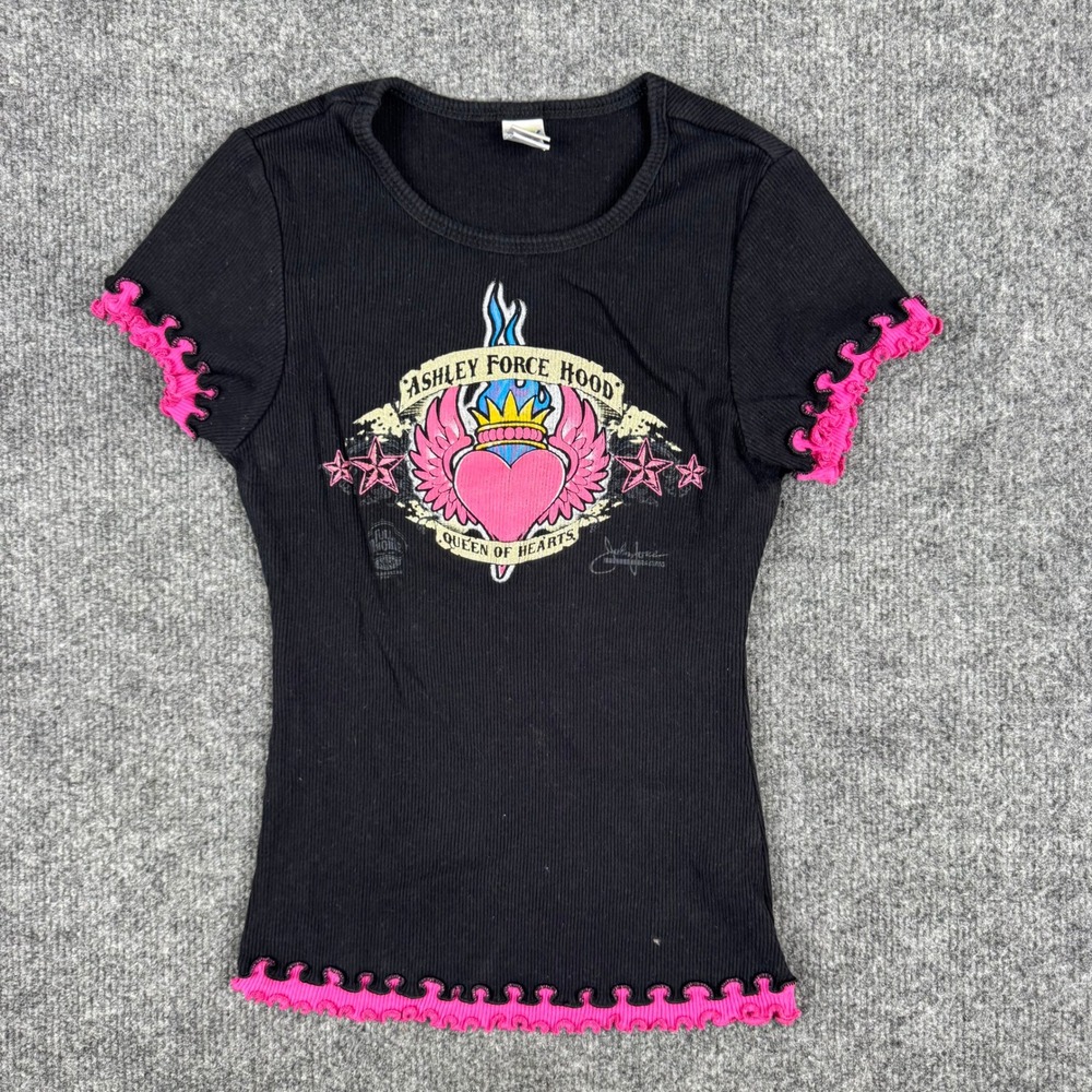 Kavio T-Shirt Girls Size Large Black Pink Lettuce Trim Ashley Force Hood Graphic